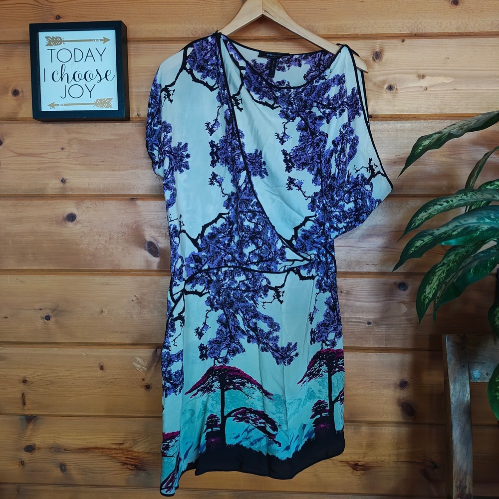 BCBGMaxAzria 100% Silk‎ Mini Dress Kimono Sleeve Floral Chiffon Japanese Size XS